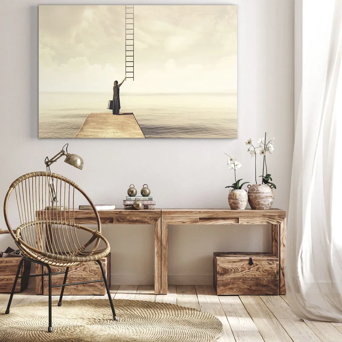 Obraz na płótnie - Kobieta stojąca na molo z drabiną prowadzącą w niebo - 70x50cm - Magiczna podróż - Nowoczesna dekoracja ścienna do salonu i sypialni ARTTOR