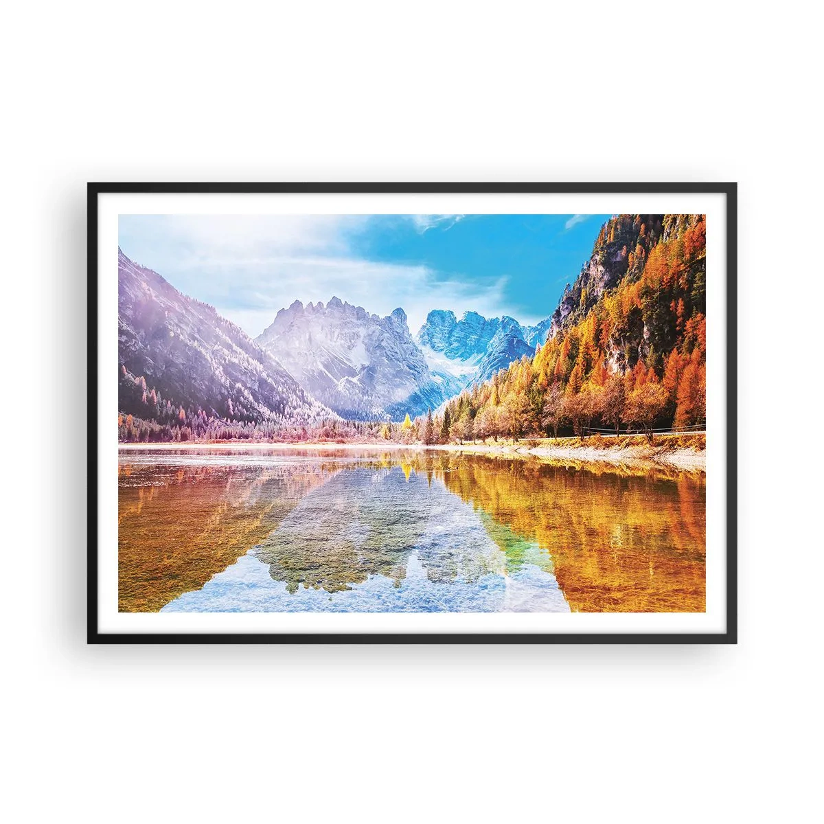 Plakat w czarnej ramie - Jesienny krajobraz górski z jeziorem - 100x70cm - A w górach już jesień - Nowoczesna dekoracja ścienna do salonu i sypialni ARTTOR