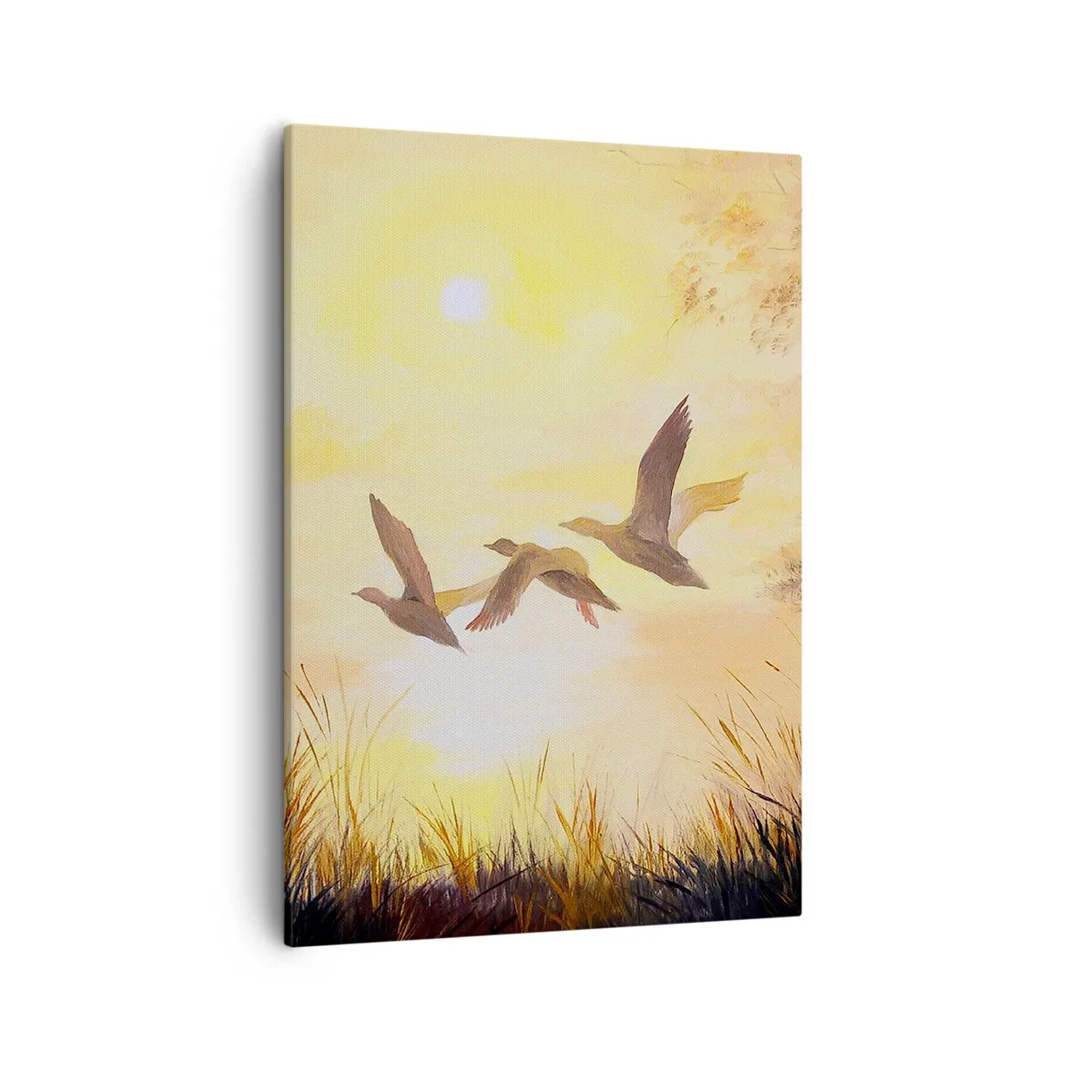 Obraz na płótnie - Trzy lecące kaczki o zachodzie słońca w naturalnym krajobrazie - 50x70cm - Początek dalekiej podróży - Nowoczesna dekoracja ścienna do salonu, kuchni i sypialni ARTTOR