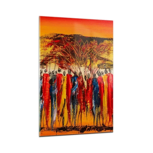 Obraz na szkle - Kolorowa scena z afrykańskimi postaciami na tle zachodzącego słońca - 80x120cm - Tam, tam, tam tam idą - Nowoczesna dekoracja ścienna do salonu i sypialni ARTTOR