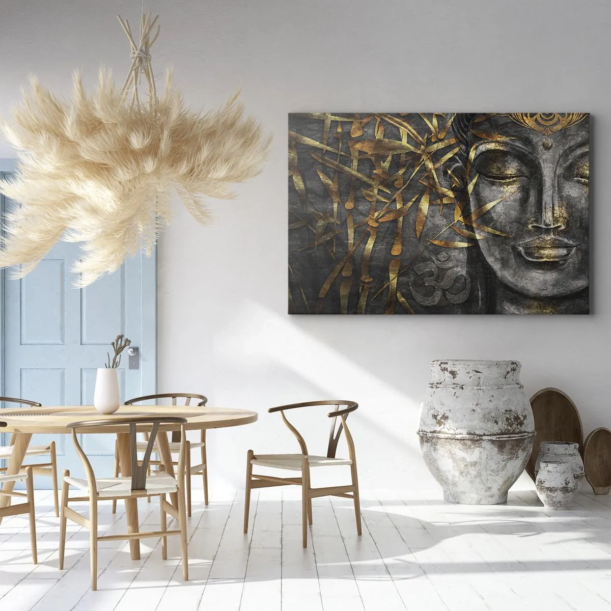 Obraz na płótnie - Zen wizerunek Buddy z złotymi bambusami - 120x80cm - Poczuj spokój - Nowoczesna dekoracja ścienna do salonu, kuchni i sypialni ARTTOR