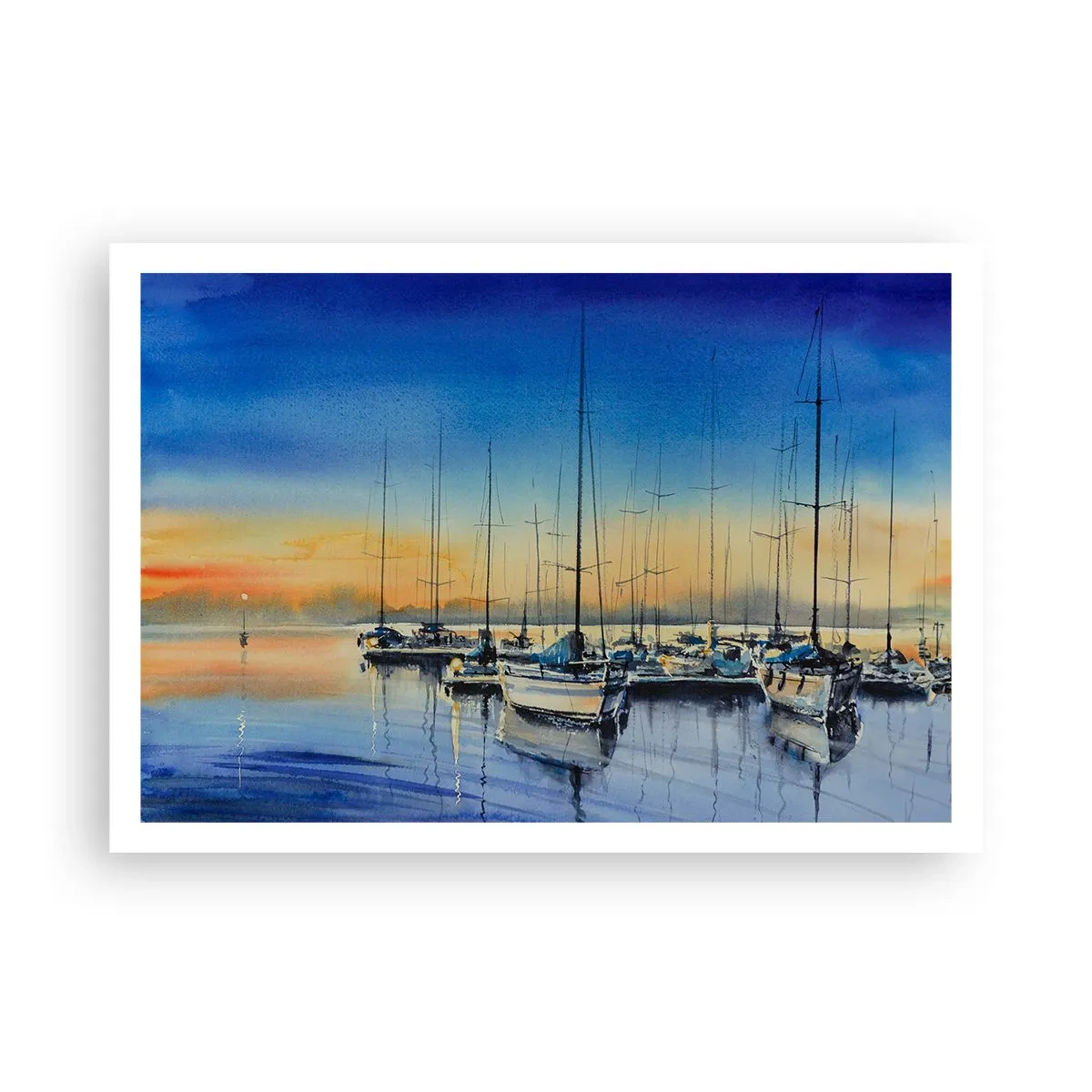 Plakat - Port jachtowy o zachodzie słońca z odbiciami na wodzie - 100x70cm - Koniec dobrego dnia - Nowoczesna dekoracja ścienna do salonu i sypialni ARTTOR
