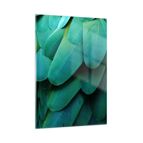 Obraz na szkle - Zbliżenie na zielone pióra papugi w intensywnym odcieniu - 50x70cm - Precyzja papuziej natury - Nowoczesna dekoracja ścienna do salonu, kuchni i sypialni ARTTOR