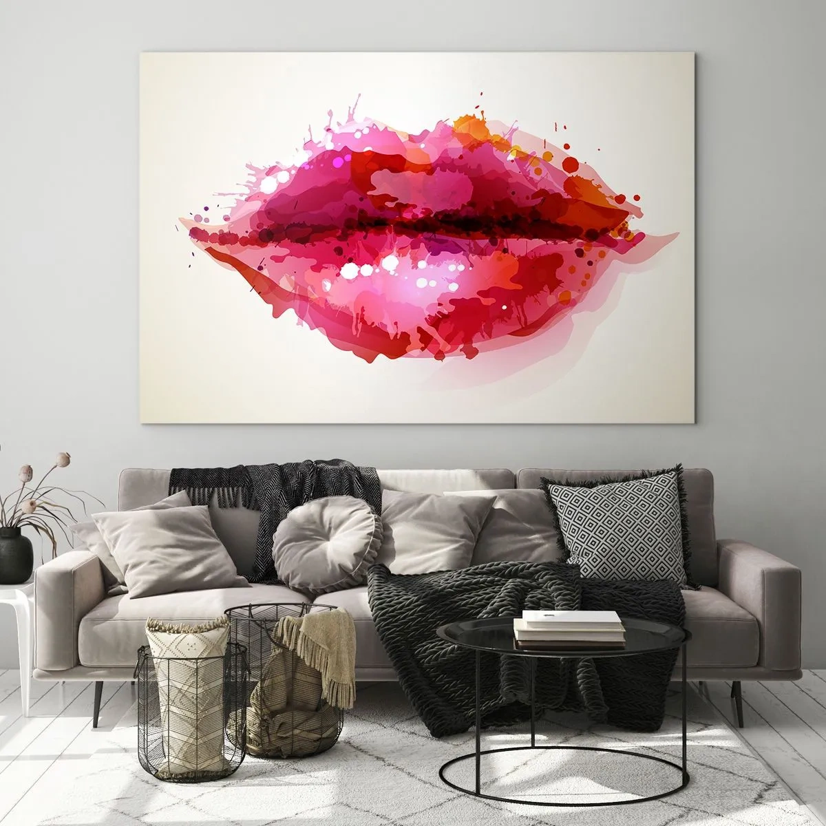 Obraz na szkle - Abstrakcyjne usta w żywych kolorach - 70x50cm - Czerwieńszy odcień czerwieni - Nowoczesna dekoracja ścienna do salonu i sypialni ARTTOR