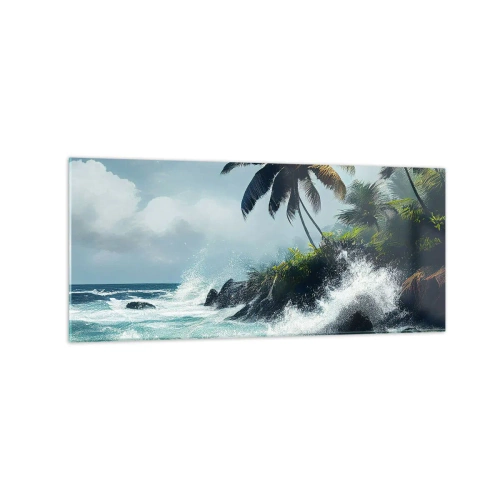 Obraz na szkle - Tropikalny brzeg z palmami i wzburzonym morzem - 120x50cm - Na tropikalnym brzegu - Nowoczesna dekoracja ścienna do salonu i sypialni ARTTOR