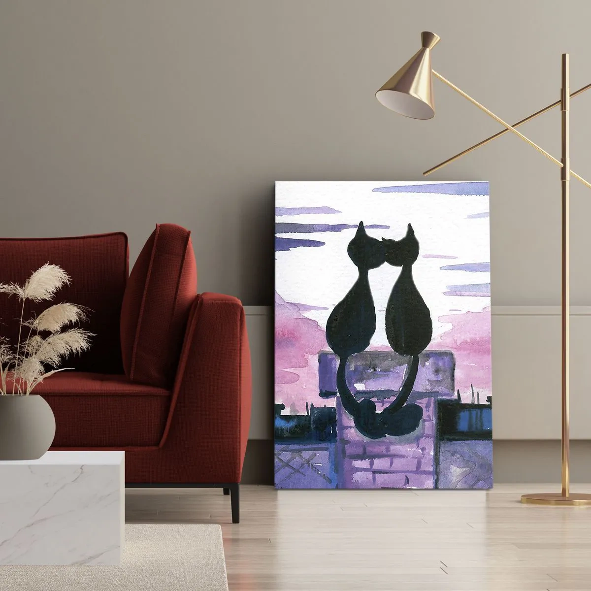 Obraz na płótnie - Sylwetki zakochanych kotów na tle wieczornego nieba - 50x70cm - Rendez-vous pod księżycem - Nowoczesna dekoracja ścienna do salonu, kuchni i sypialni ARTTOR