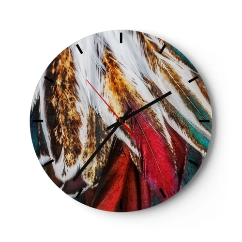 Zegar ścienny - Barwne pióra w odcieniach brązu, czerwieni i zieleni w zbliżeniu - 30x30cm - Tajemnice lotu - Nowoczesna dekoracja ścienna do salonu, kuchni i sypialni ARTTOR