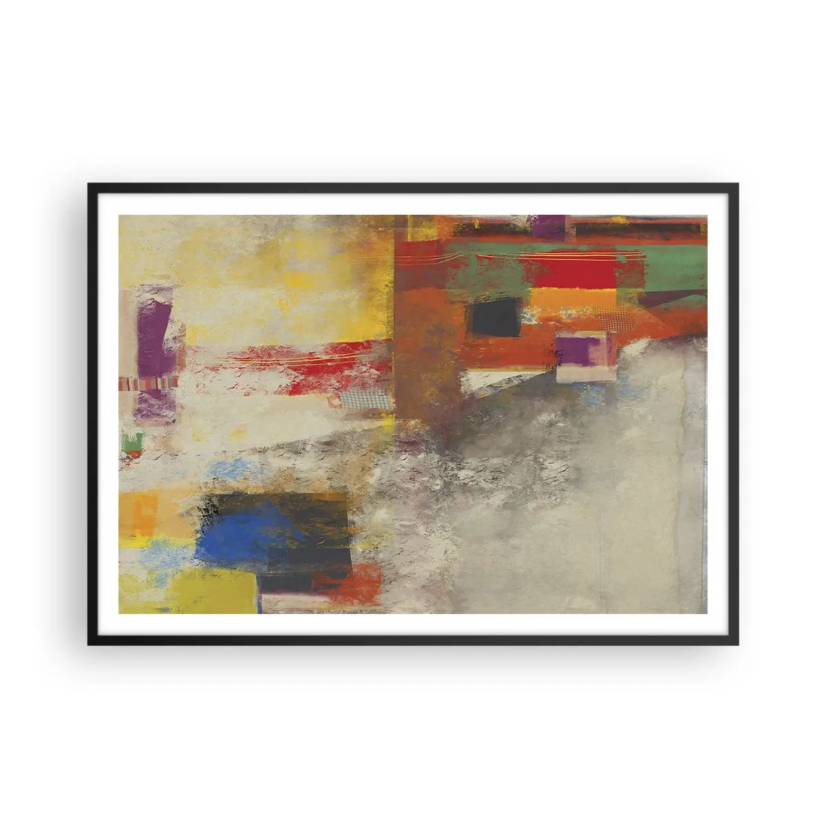 Plakat w czarnej ramie - Kolorowa abstrakcja z geometrycznymi kształtami - 100x70cm - Geometria barw - Nowoczesna dekoracja ścienna do salonu i sypialni ARTTOR