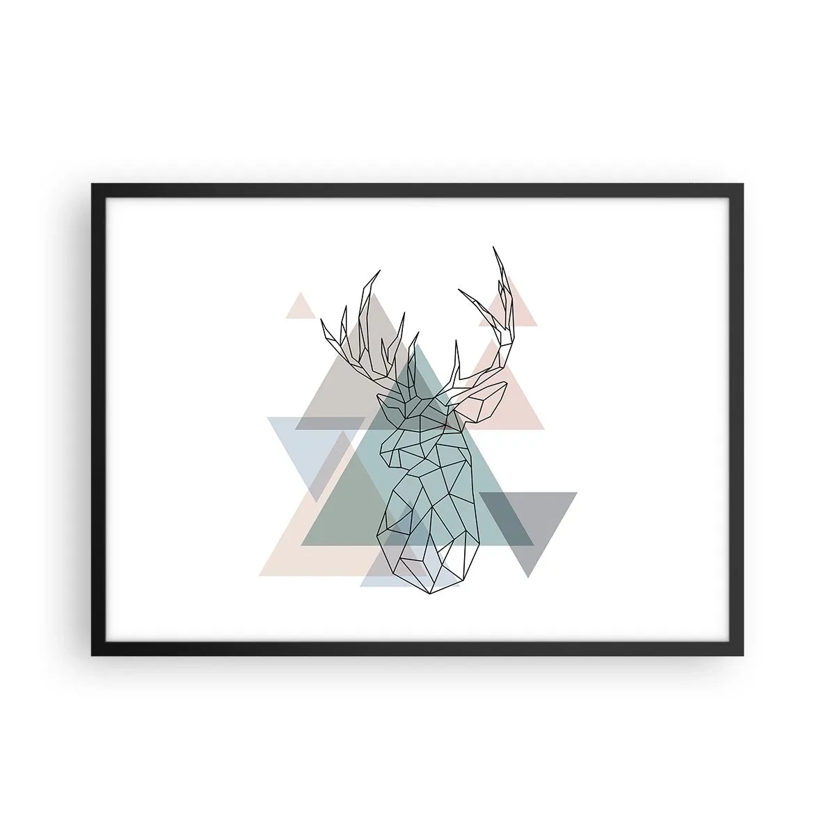 Plakat w czarnej ramie - Geometryczny jeleń na tle pastelowych trójkątów - 70x50cm - W geometrycznym lesie - Nowoczesna dekoracja ścienna do salonu i sypialni ARTTOR
