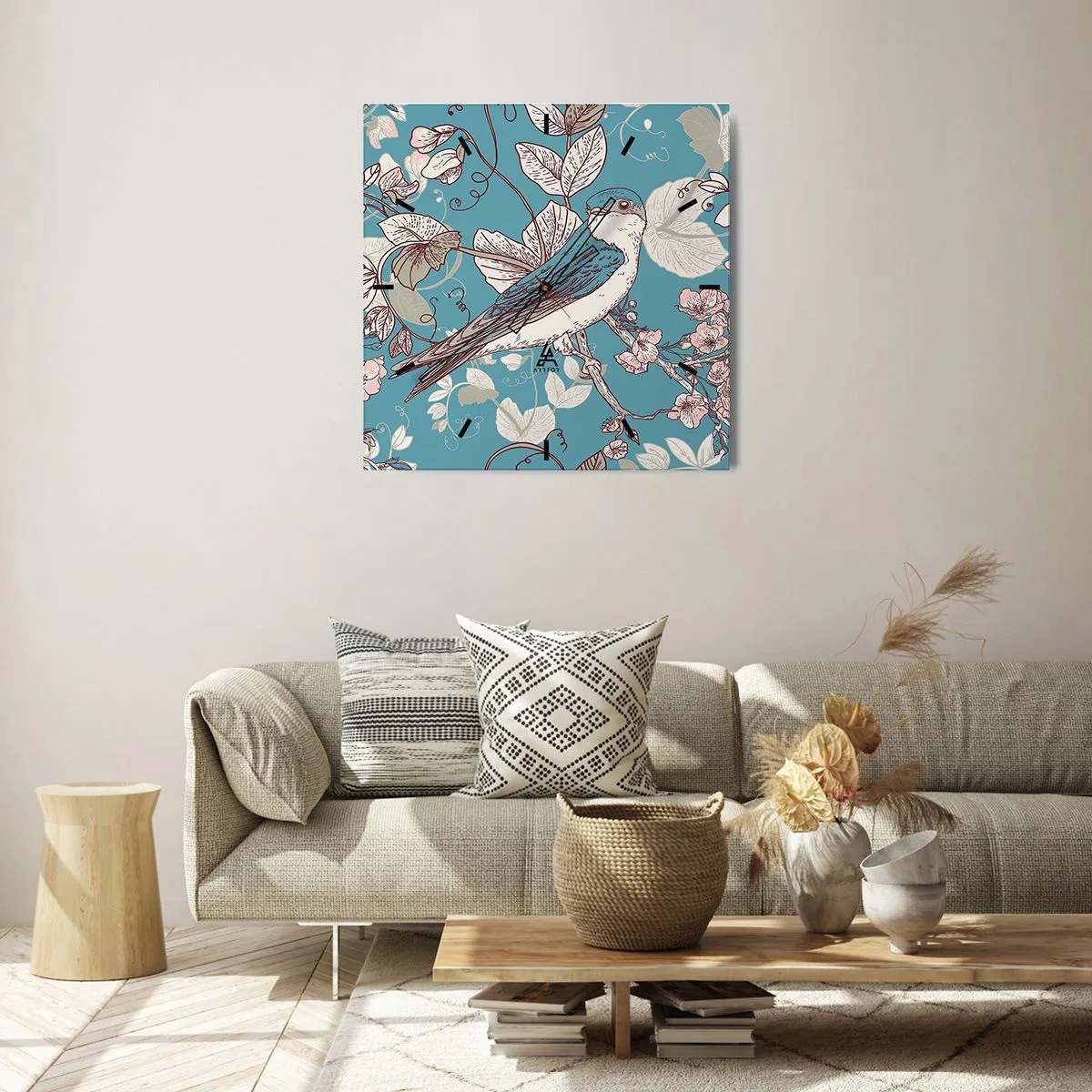 Zegar ścienny - W białodrzewiu ćwirnie i srebliście - 40x40 cm