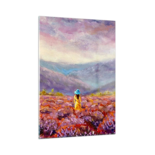 Obraz na szkle - Postać w kapeluszu pośród pola lawendy o zmierzchu - 50x70cm - W lawendowym świecie - Nowoczesna dekoracja ścienna do salonu, kuchni i sypialni ARTTOR