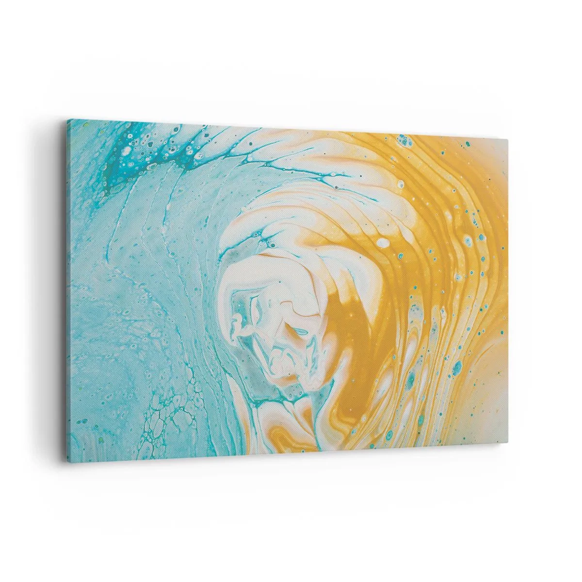 Obraz na płótnie - Abstrakcyjne fale w odcieniach niebieskiego i złotego na płótnie - 100x70cm - Pastelowy wir - Nowoczesna dekoracja ścienna do salonu, kuchni i sypialni ARTTOR