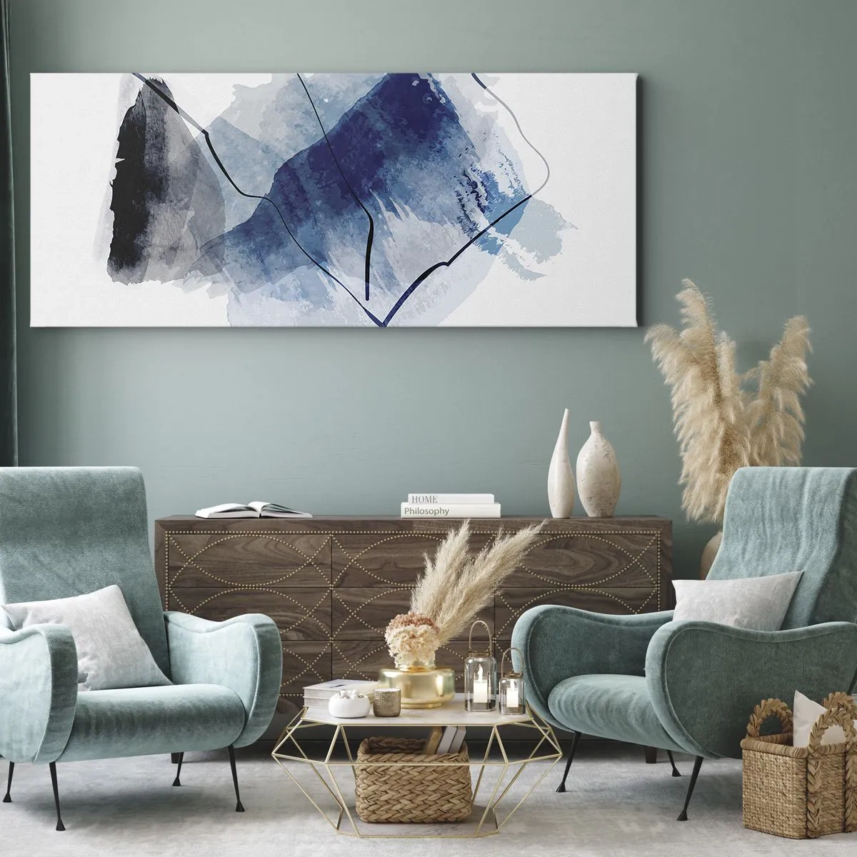 Obraz na płótnie - Abstrakcyjne formy w odcieniach niebieskiego z delikatnymi liniami - 160x50cm - Lodowa góra - Nowoczesna dekoracja ścienna do salonu i sypialni ARTTOR