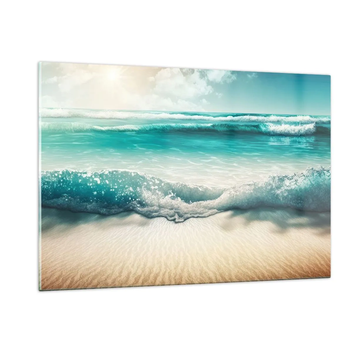 Obraz na szkle - Turkusowe fale oceanu uderzające o piaszczystą plażę - 120x80cm - Spokój oceanu - Nowoczesna dekoracja ścienna do salonu, kuchni i sypialni ARTTOR