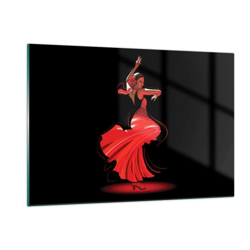Obraz na szkle - Tancerka flamenco w czerwonej sukni na czarnym tle - 120x80cm - Ognisty duch flamenco - Nowoczesna dekoracja ścienna do salonu, kuchni i sypialni ARTTOR