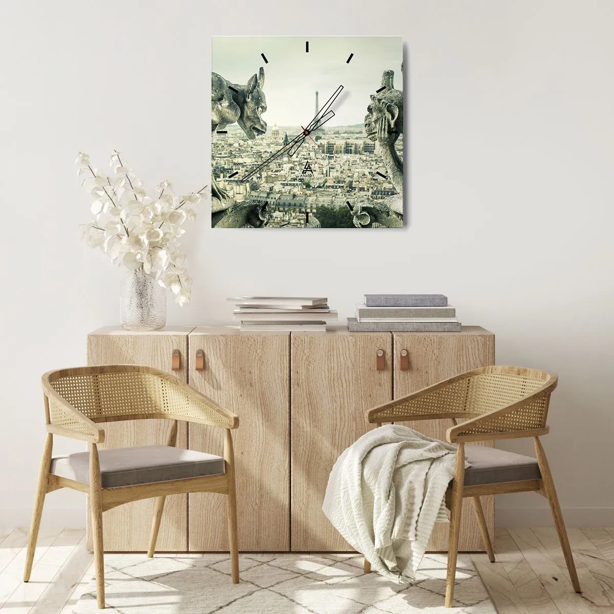 Zegar ścienny - Gargulce z widokiem na panoramę Paryża i wieżę Eiffla - 30x30cm - Paryskie pogaduchy - Nowoczesna dekoracja ścienna do salonu i sypialni ARTTOR