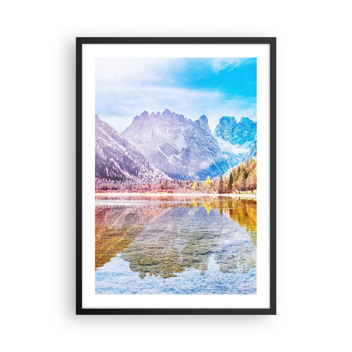 Plakat w czarnej ramie - Górski krajobraz z jeziorem i jesiennymi kolorami - 50x70cm - A w górach już jesień - Nowoczesna dekoracja ścienna do salonu i sypialni ARTTOR