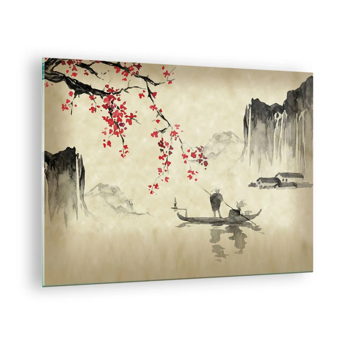 Obraz na szkle - Orientalna scena rybacka z gałęzią kwitnącej wiśni i górami - 70x50cm - W kraju kwitnącej wiśni - Nowoczesna dekoracja ścienna do salonu i sypialni ARTTOR