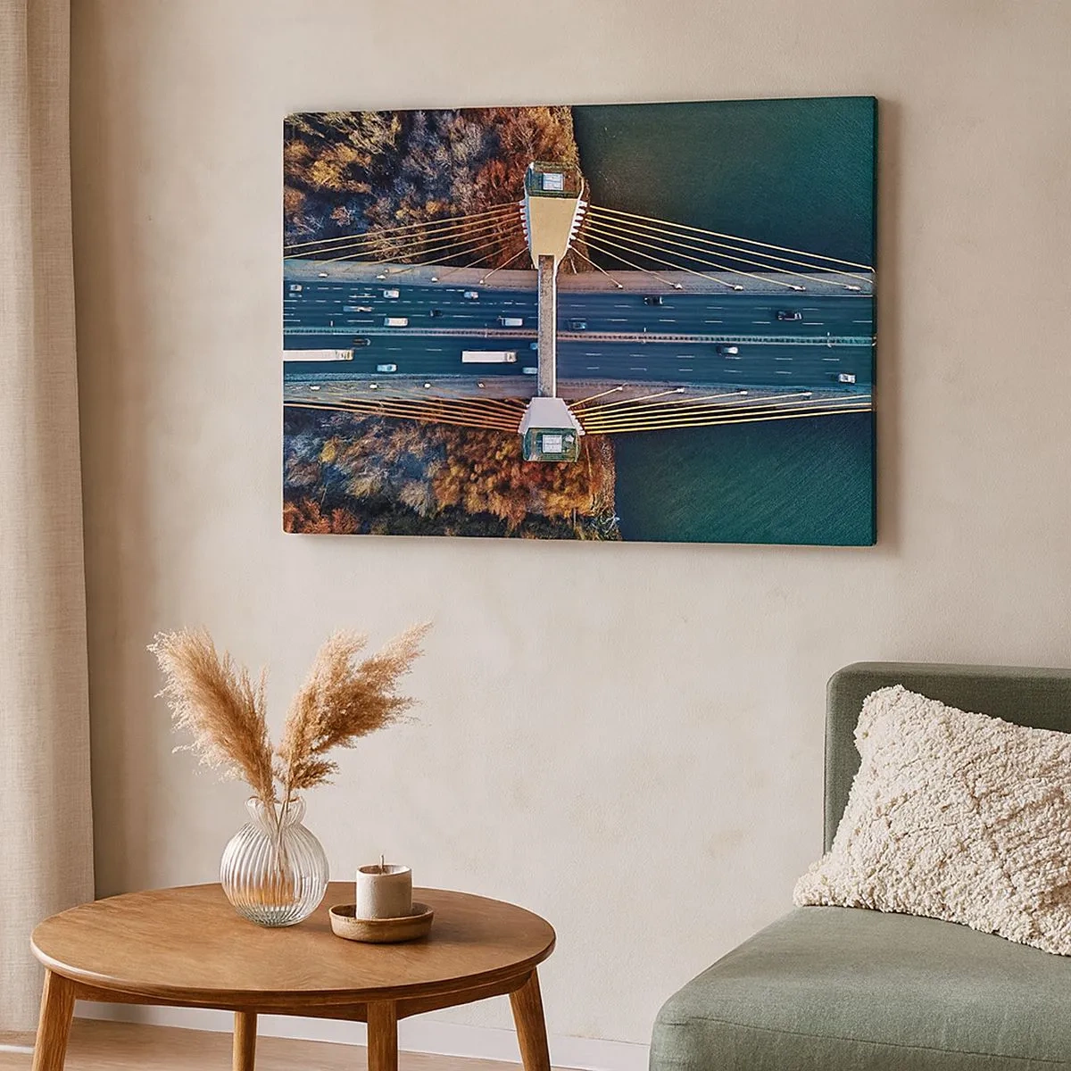 Obraz na płótnie - Most widziany z lotu ptaka nad rzeką i jesiennym krajobrazem - 70x50cm - ZA wodami, za lasami - Nowoczesna dekoracja ścienna do salonu i sypialni ARTTOR