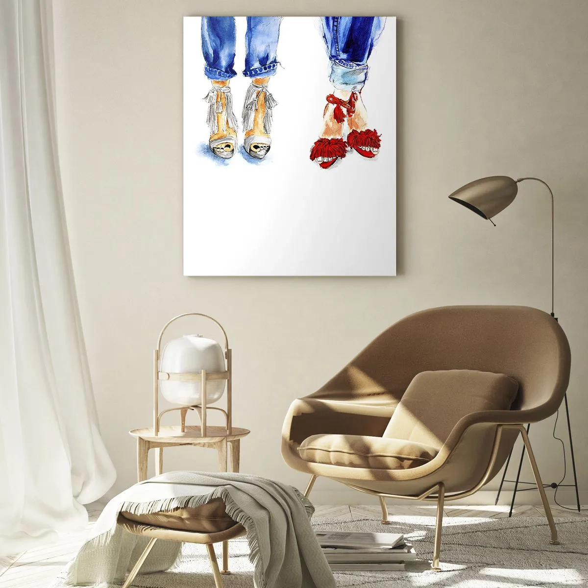 Obraz na szkle - Dwa stylowe obuwia na tle jeansów - 50x70cm - Może pójdziemy na spacer? - Nowoczesna dekoracja ścienna do salonu, kuchni i sypialni ARTTOR