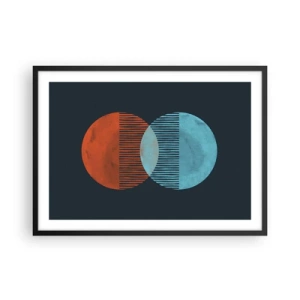 Plakat w czarnej ramie - Dwa koła w kolorze pomarańczowym i niebieskim na ciemnym tle - 70x50cm - Astronomiczna fantazja - Nowoczesna dekoracja ścienna do salonu i sypialni ARTTOR