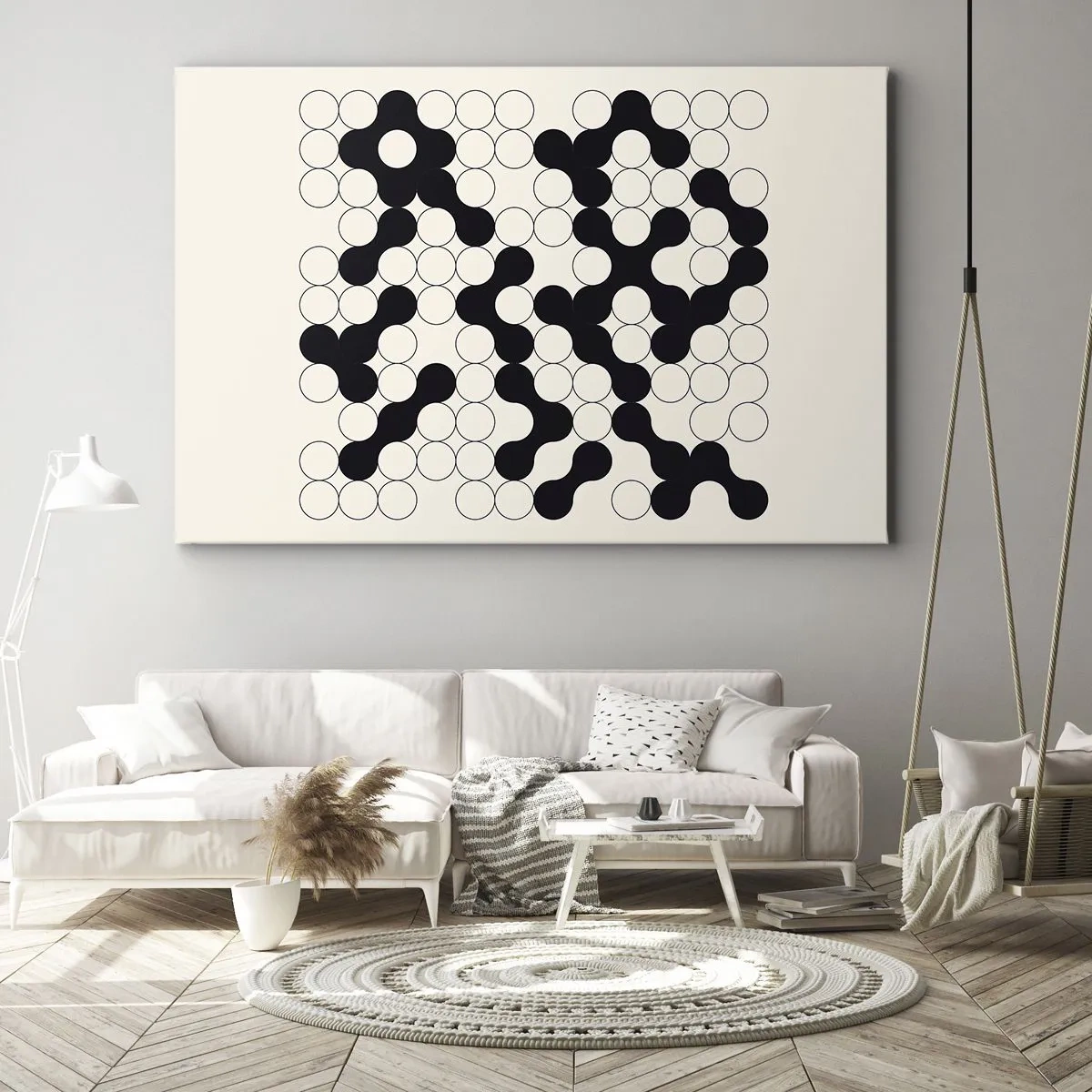 Obraz na płótnie - Czarno-białe wzory z okręgami na jasnym tle - 70x50cm - Chińska gra – wariacja - Nowoczesna dekoracja ścienna do salonu i sypialni ARTTOR
