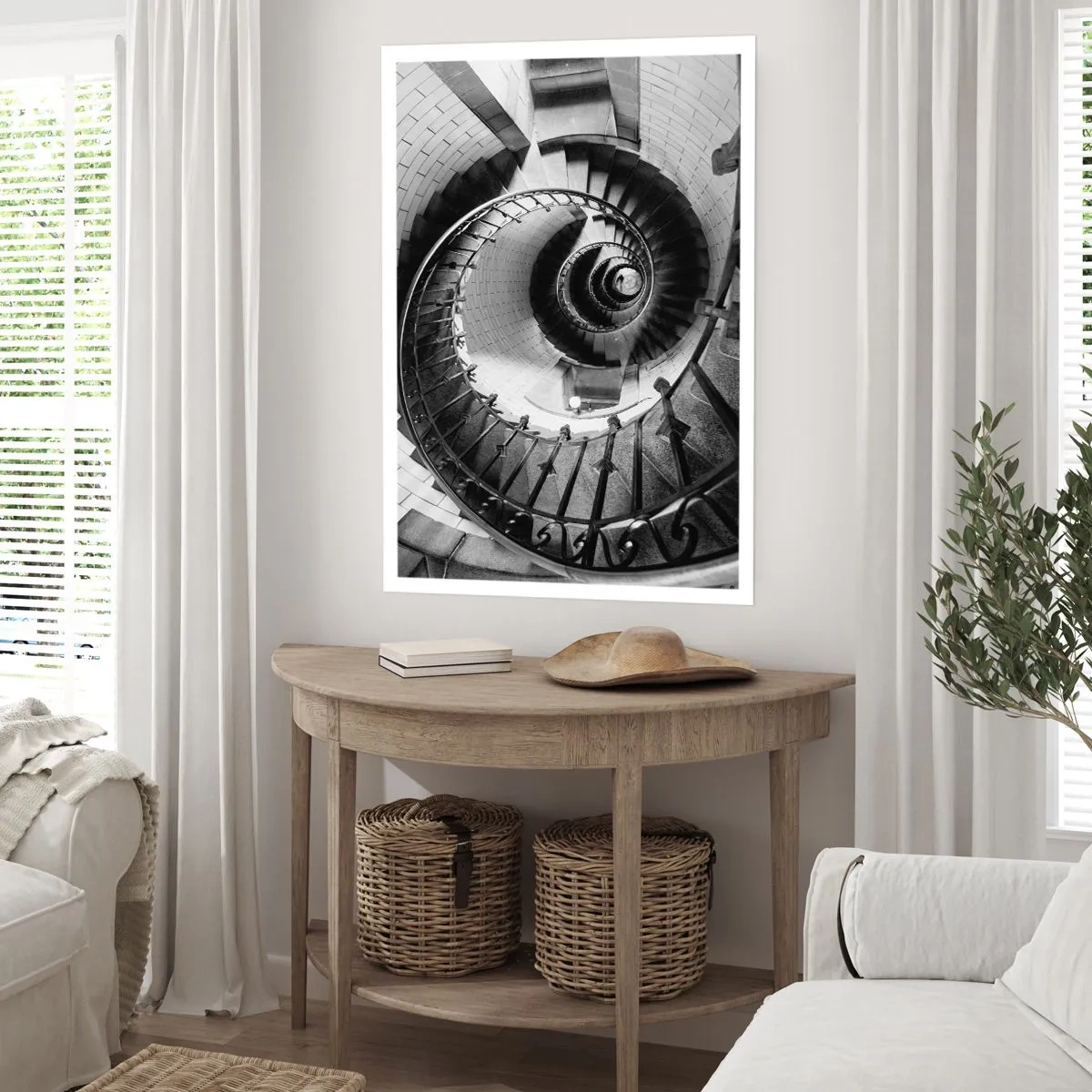 Plakat - Spiralne schody w czarno-białej perspektywie - 50x70cm - Wyżej i wyżej - Nowoczesna dekoracja ścienna do salonu, kuchni i sypialni ARTTOR