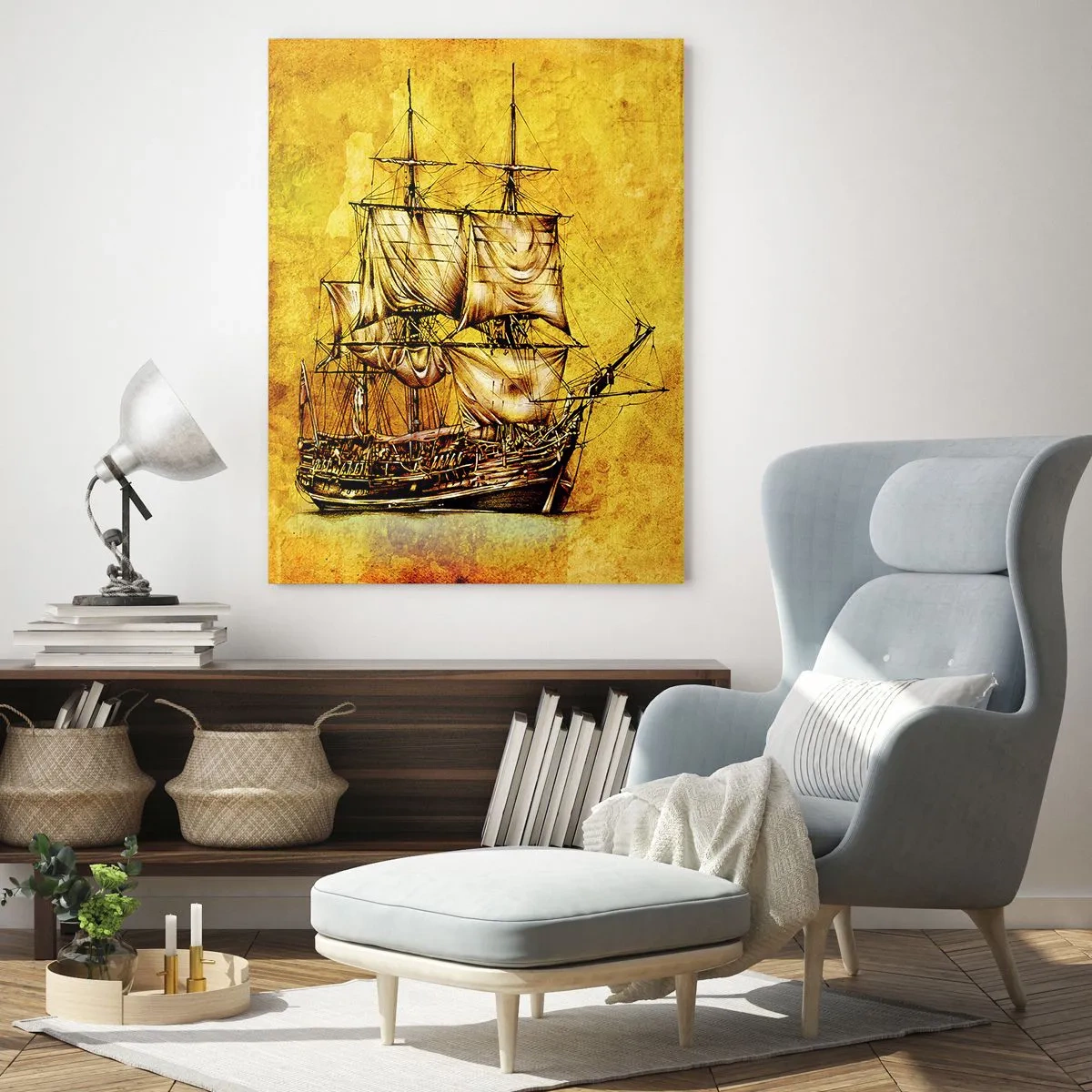 Obraz na szkle - Zabytkowy żaglowiec na tle stylizowanego pergaminu - 50x70cm - Kierunek Tortuga! - Nowoczesna dekoracja ścienna do salonu, kuchni i sypialni ARTTOR