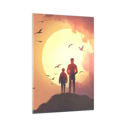 Obraz na szkle - Postacie na tle zachodzącego słońca - 80x120cm - Ze słońcem twarzą w twarz - Nowoczesna dekoracja ścienna do salonu i sypialni ARTTOR
