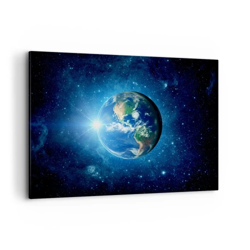 Obraz na płótnie - Ziemia w kosmosie otoczona gwiazdami i światłem - 100x70cm - Jesteśmy w niebie - Nowoczesna dekoracja ścienna do salonu, kuchni i sypialni ARTTOR