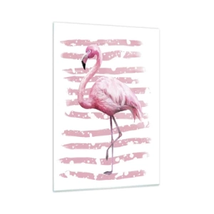 Obraz na szkle - Różowy flaming na tle artystycznych różowych pasów - 50x70cm - Z godnościa, choć na różowo - Nowoczesna dekoracja ścienna do salonu, kuchni i sypialni ARTTOR
