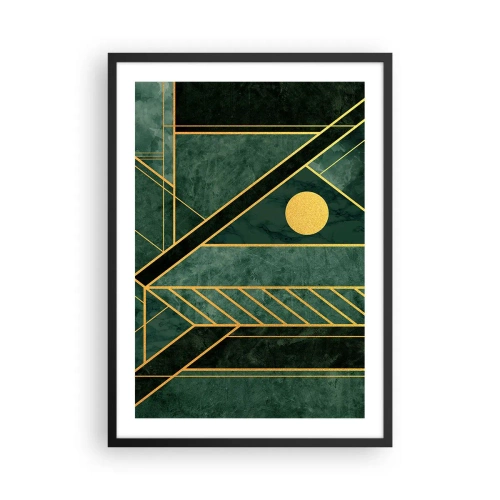 Plakat w czarnej ramie - Geometryczna abstrakcja w zieleni ze złotymi akcentami - 50x70cm - Dynamika złota i lazuru - Nowoczesna dekoracja ścienna do salonu i sypialni ARTTOR