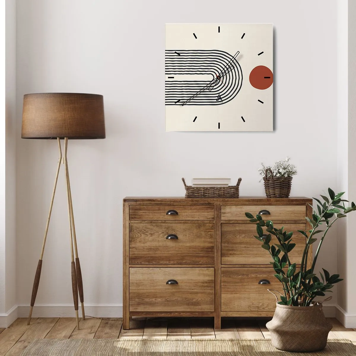 Zegar ścienny - Nowoczesny abstrakcyjny wzór z liniami i czerwonym okręgiem - 30x30cm - Magnetyzm kształtów i barw - Nowoczesna dekoracja ścienna do salonu i sypialni ARTTOR