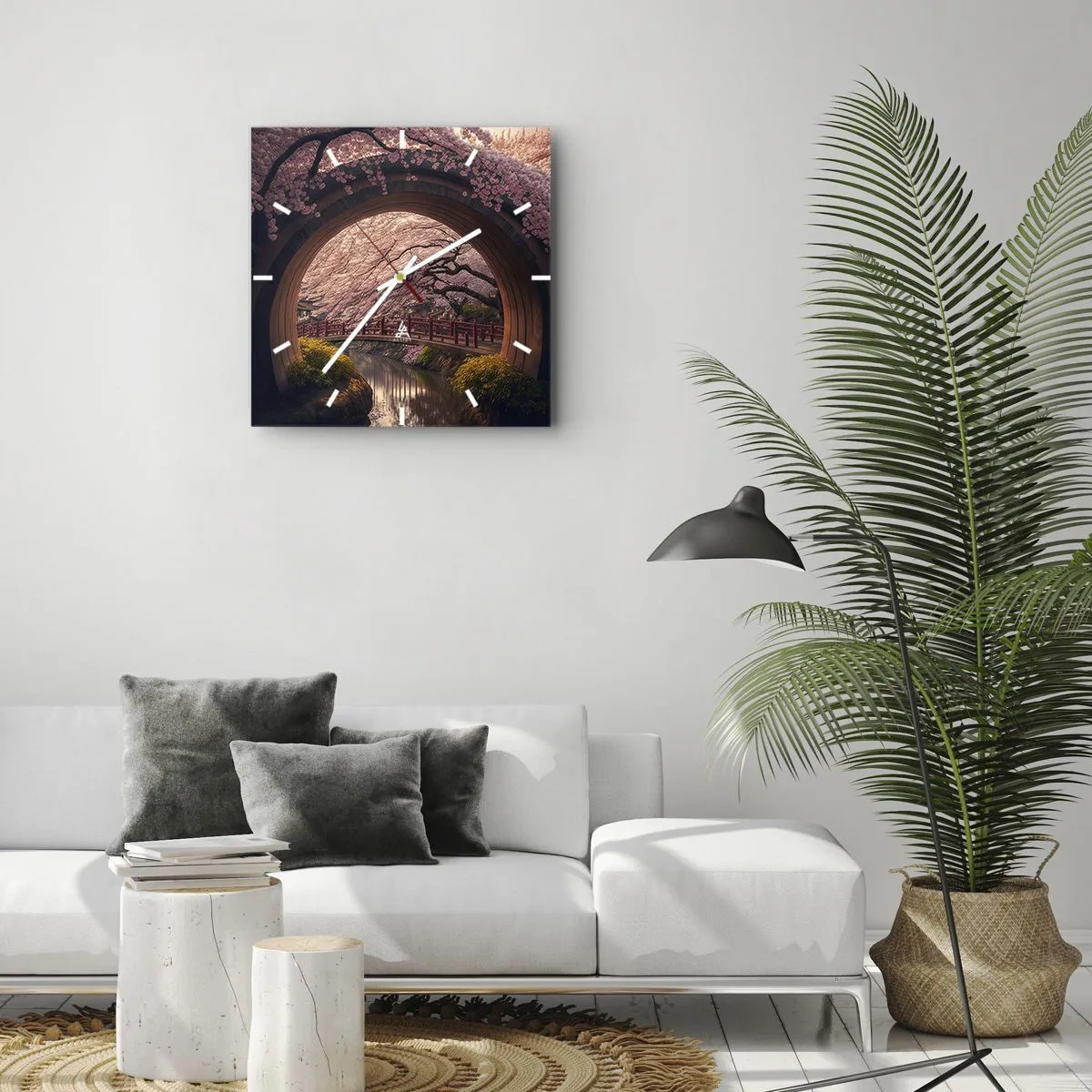 Zegar ścienny - Tradycyjny japoński most otoczony kwitnącymi wiśniami - 30x30cm - Japońska wiosna - Nowoczesna dekoracja ścienna do salonu i sypialni ARTTOR