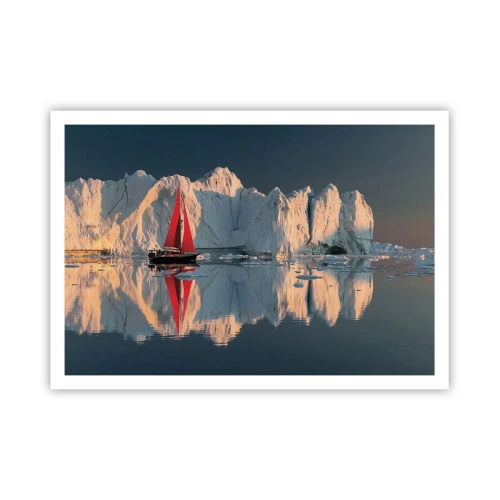 Plakat - Żaglówka z czerwonym żaglem na tle lodowca - 100x70cm - Na krańcu świata - Nowoczesna dekoracja ścienna do salonu i sypialni ARTTOR