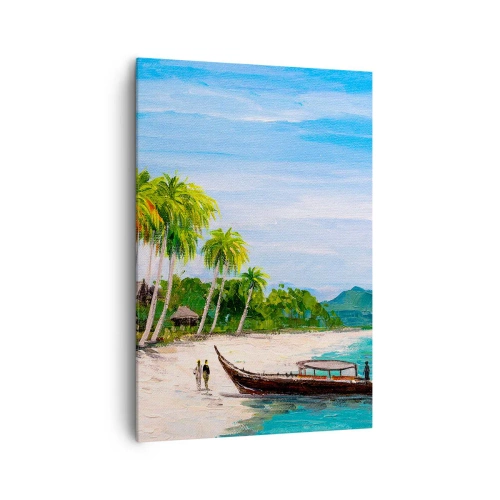 Obraz na płótnie - Egzotyczna plaża z palmami i łodzią przy brzegu - 70x100cm - Egzotyczny sen - Nowoczesna dekoracja ścienna do salonu i sypialni ARTTOR