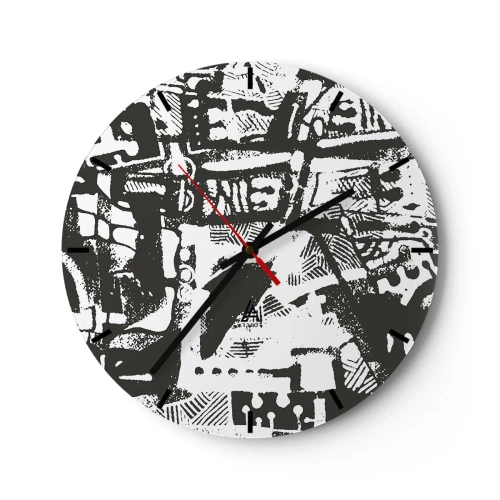 Zegar ścienny - Czarno-biały abstrakcyjny wzór z geometrycznymi formami - 30x30cm - Porządek czy chaos? - Nowoczesna dekoracja ścienna do salonu, kuchni i sypialni ARTTOR