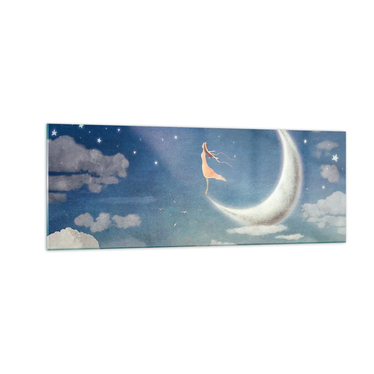 Obraz na szkle - Kobieta na księżycu otoczona gwiazdami i chmurami - 140x50cm - Zalotnica niebieska - Nowoczesna dekoracja ścienna do salonu i sypialni ARTTOR