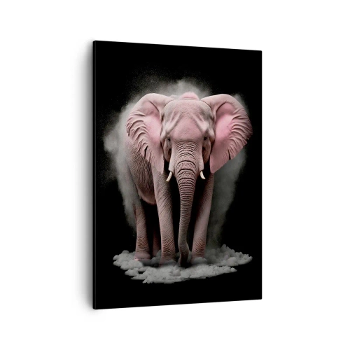 Obraz na płótnie - Różowy słoń na czarnym tle otoczony chmurą pyłu - 50x70cm - Nie myśl o różowym słoniu! - Nowoczesna dekoracja ścienna do salonu, kuchni i sypialni ARTTOR