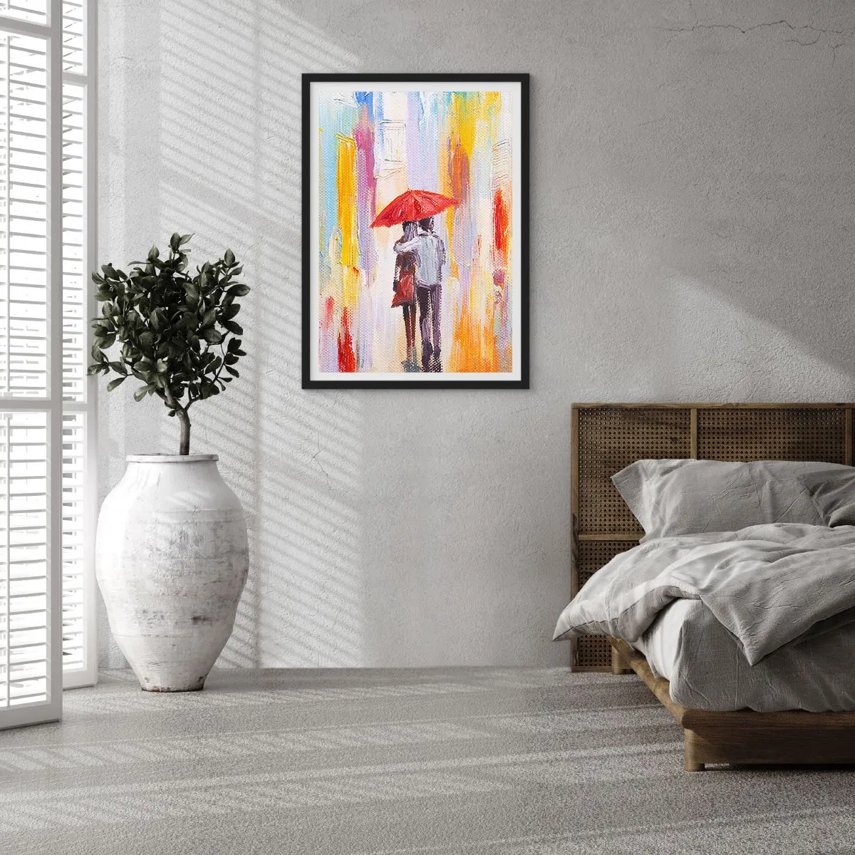 Plakat w czarnej ramie - Romantyczna scena z parą pod czerwoną parasolką na tle miasta - 50x70cm - Niech pada dalej - Nowoczesna dekoracja ścienna do salonu i sypialni ARTTOR