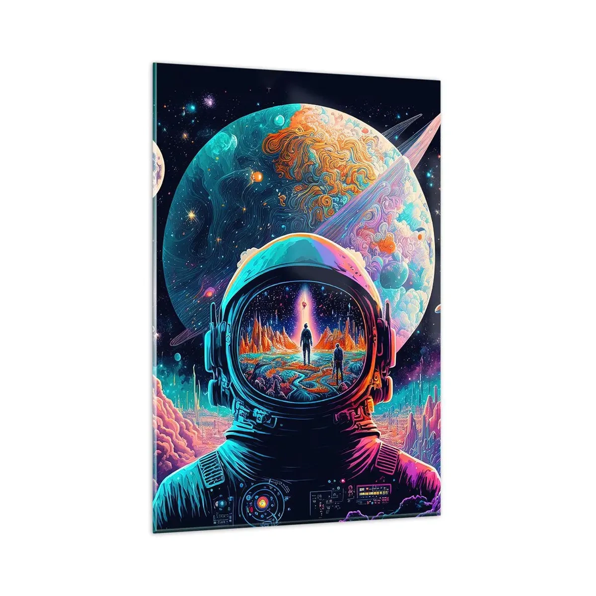 Obraz na szkle - Astronauta w kosmosie z kolorowym pejzażem planetarnym - 80x120cm - Filozofom się nie śniło - Nowoczesna dekoracja ścienna do salonu i sypialni ARTTOR