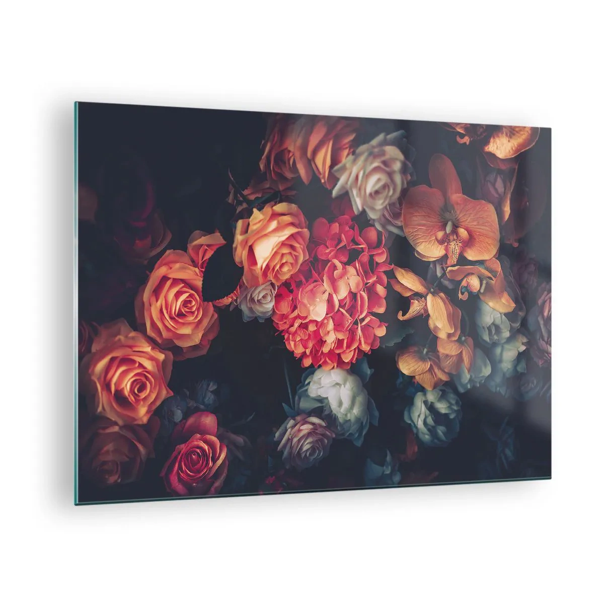Obraz na szkle - Ciemna kompozycja kwiatowa z różami i orchideami - 70x50cm - Jak u holenderskich mistrzów - Nowoczesna dekoracja ścienna do salonu i sypialni ARTTOR