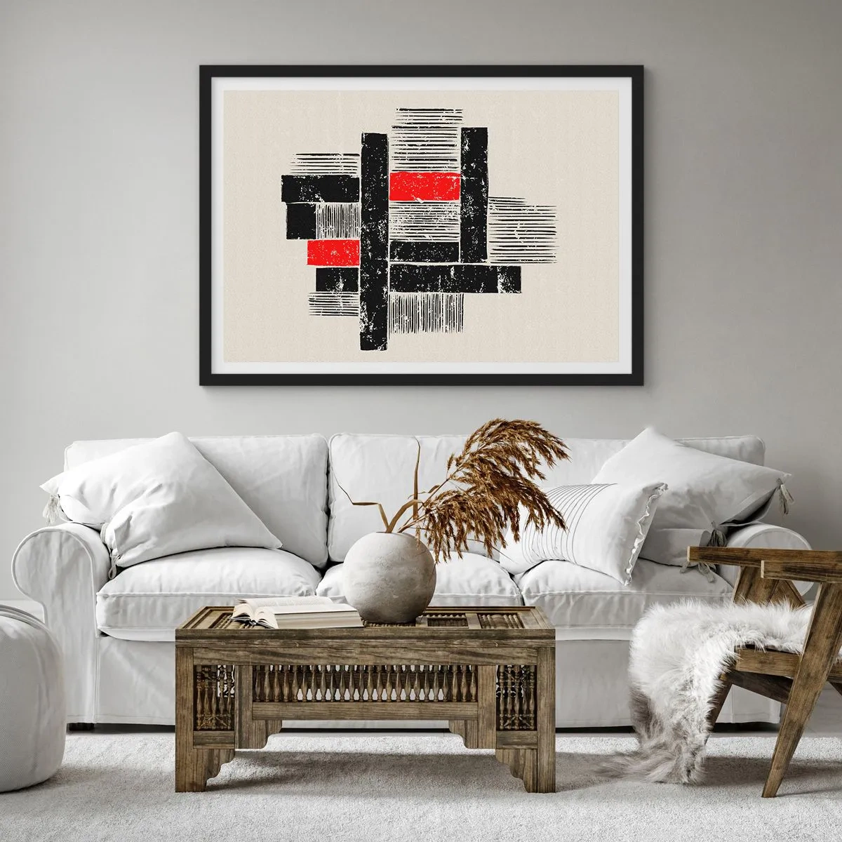 Plakat w czarnej ramie - Abstrakcyjna kompozycja geometryczna w czerni i czerwieni - 70x50cm - Czerwone i czarne - Nowoczesna dekoracja ścienna do salonu i sypialni ARTTOR