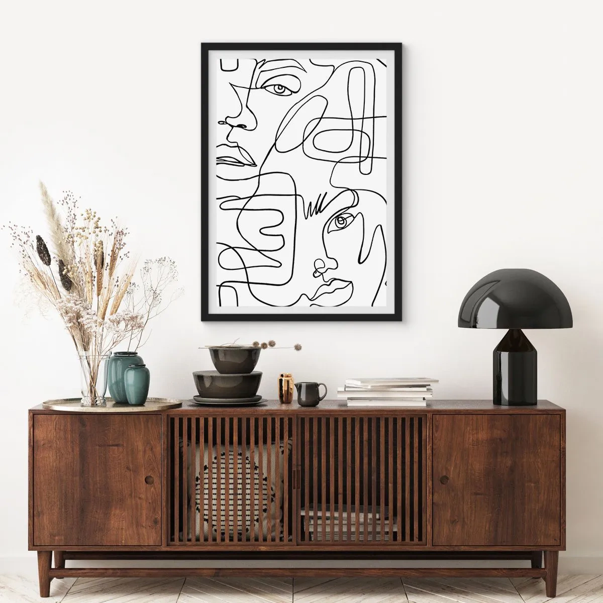 Plakat w czarnej ramie - Abstrakcyjne twarze narysowane jedną linią - 50x70cm - W splątanych emocjach - Nowoczesna dekoracja ścienna do salonu i sypialni ARTTOR