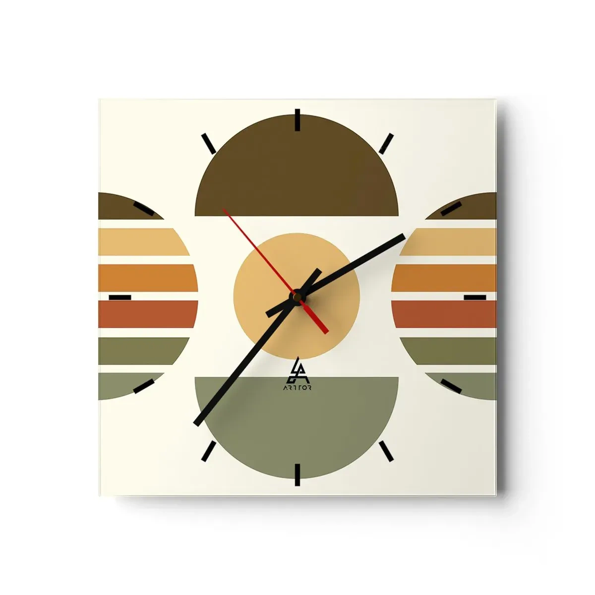 Zegar ścienny - Geometryczna kompozycja z półokręgami i paskami w odcieniach ziemi - 30x30cm - W kolorach ziemi - Nowoczesna dekoracja ścienna do salonu i sypialni ARTTOR