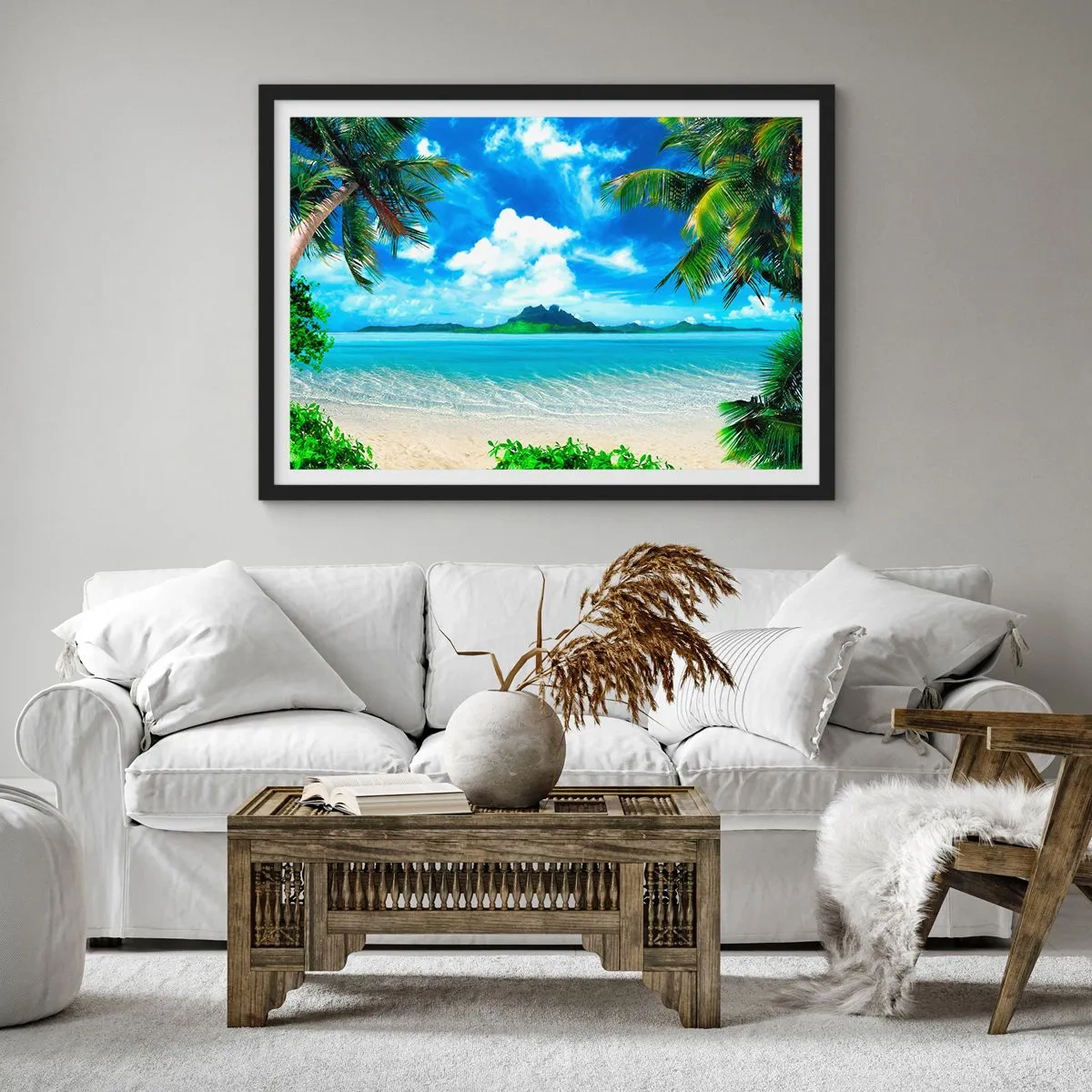 Plakat w czarnej ramie - Tropikalna plaża z palmami i widokiem na wyspę - 70x50cm - Lazur tropików - Nowoczesna dekoracja ścienna do salonu i sypialni ARTTOR