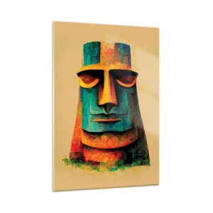 Obraz na szkle - Kolorowy portret inspirowany kamiennym posągiem na beżowym tle - 50x70cm - Posągowy, a sympatyczny - Nowoczesna dekoracja ścienna do salonu, kuchni i sypialni ARTTOR