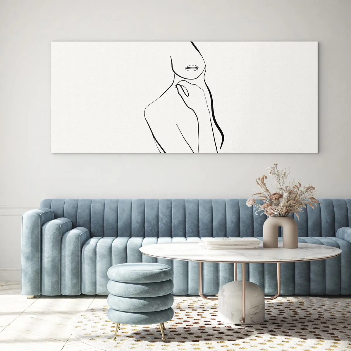 Obraz na szkle - Minimalistyczny szkic sylwetki kobiety na jasnym tle - 120x50cm - Fala melancholii - Nowoczesna dekoracja ścienna do salonu i sypialni ARTTOR