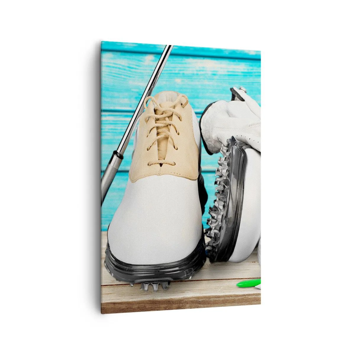 Obraz na płótnie - Zestaw akcesoriów golfowych na drewnianym tle - 80x120cm - Wszystko gotowe - Nowoczesna dekoracja ścienna do salonu i sypialni ARTTOR