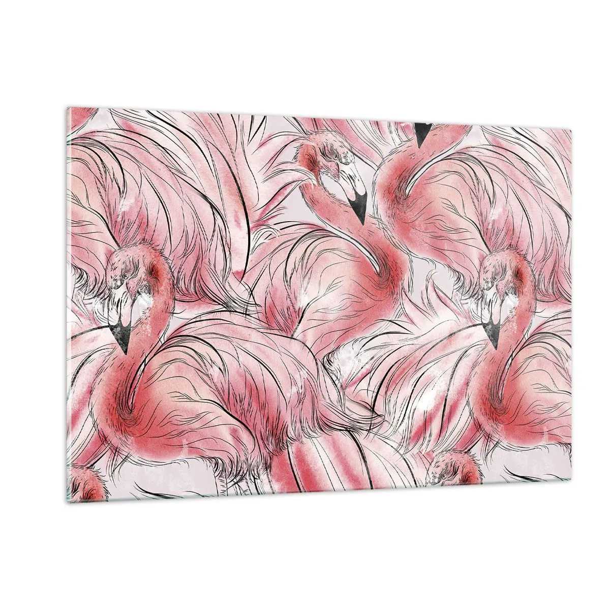 Obraz na szkle - Różowe flamingi w dekoracyjnym stylu rysunkowym - 120x80cm - Ptasi corps de ballet - Nowoczesna dekoracja ścienna do salonu, kuchni i sypialni ARTTOR